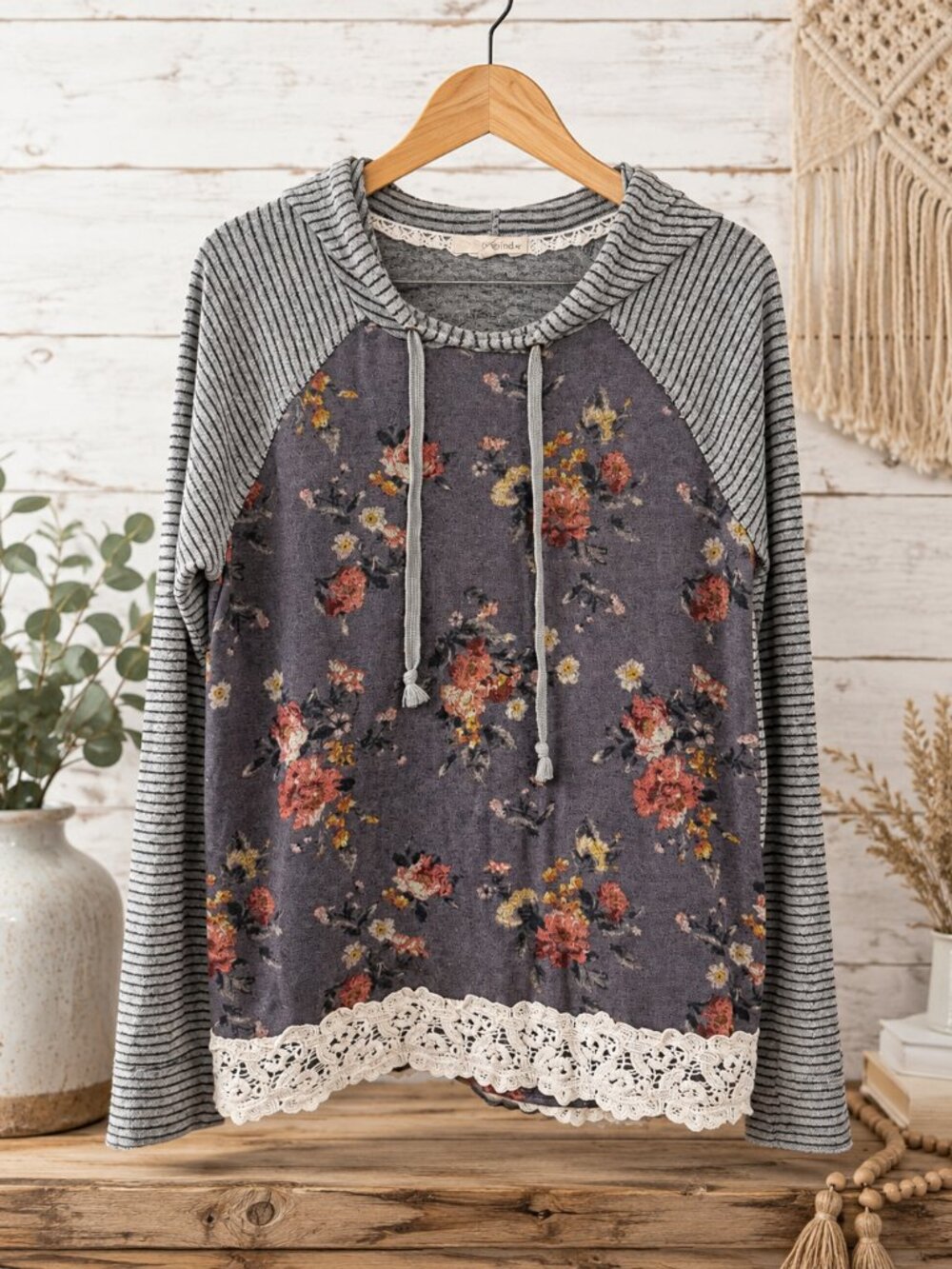 Rewind Floral Striped Hooded Tunic Top Crochet Lace Hem